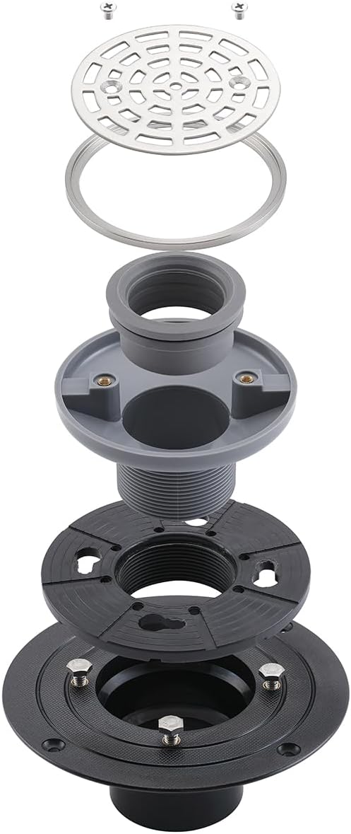 RANDOM Round Shower Drain Brushed Nickel 4 Inch Shower Drain with Adjustable PVC Base Flange,SUS304 Stainless Steel Bathroom Shower Floor Drain with Removable Grid Cover Grate.98768BN-S