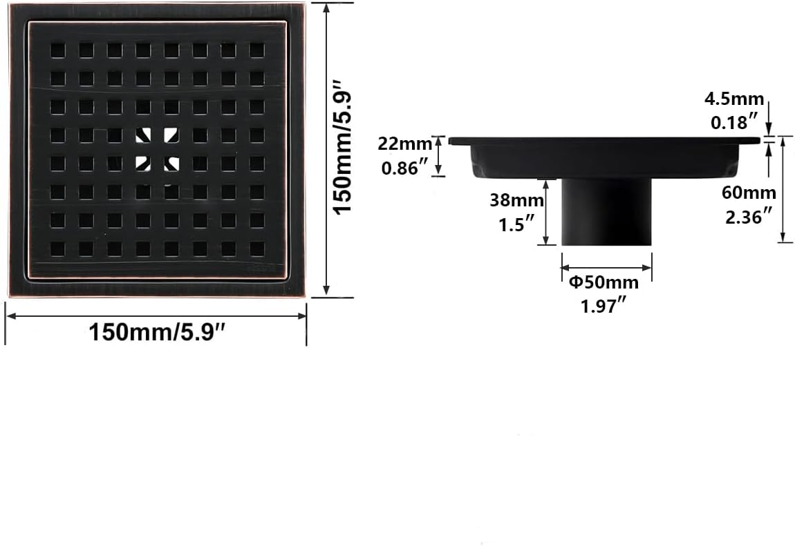 RANDOM Oil Rubbed Bronze Shower Drain Square 6 Inch Shower Floor Drain Grate & Removable Hair Strainer 304 Stainless Steel Shower Drain Cover Bathroom Accessories.RD98738-ORB