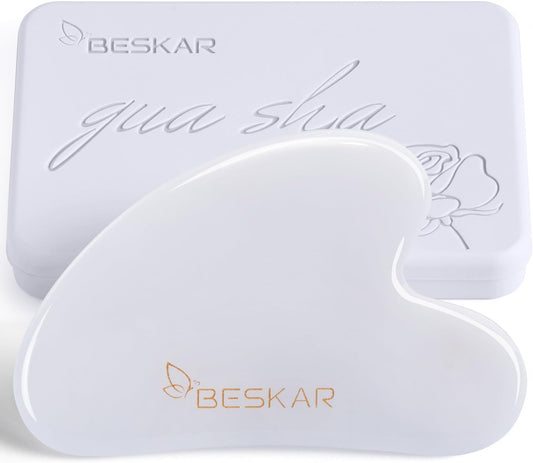 BESKAR Gua Sha Facial Tools, Natural Jade Stone Guasha Massager for Jawline Sculpting, Tighten Face Skin and Reduce Wrinkles, Face Eyes Body Neck Massage Tool, Skin Care Gift