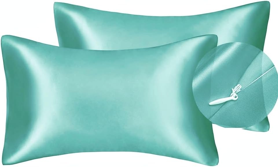 Juwenin Bedding,Super Soft and Luxury Silky Satin Pillowcase with Zipper (Silky Satin Pillow Case for Hair) Set of 2 (Aqua, King(20''x36'))