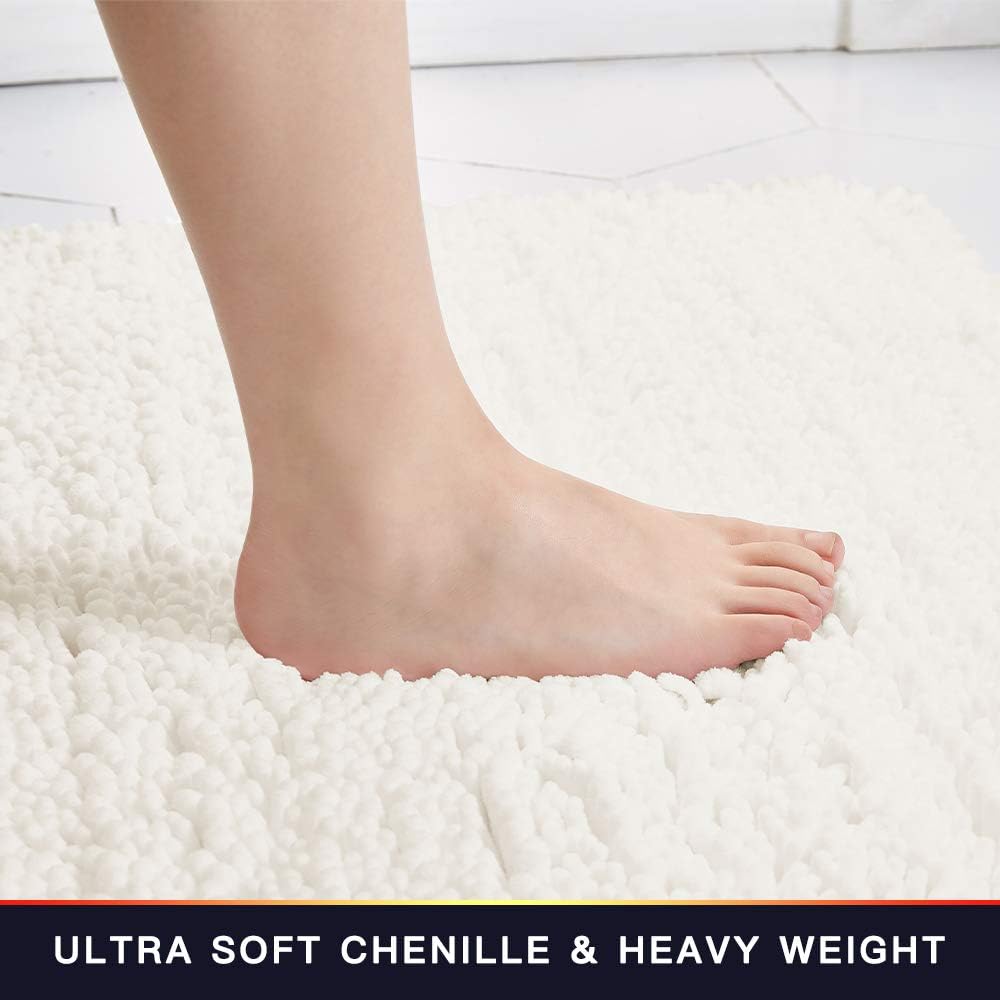 Walensee Bathroom Rug 2 Pieces Set Non Slip Bath Mat (20"x32" Plus 20"x32" Ivory) Water Absorbent Super Soft Shaggy Chenille Machine Washable Dry Extra Thick Perfect Carpet for Shower Floor
