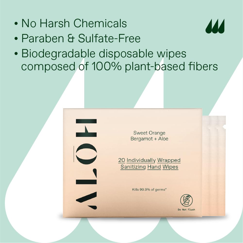 ALŌH Skin - Softening Sanitizing Hand Wipes – Sweet Orange Bergamot (1 Box of 20 Individual Wrapped Wipes)