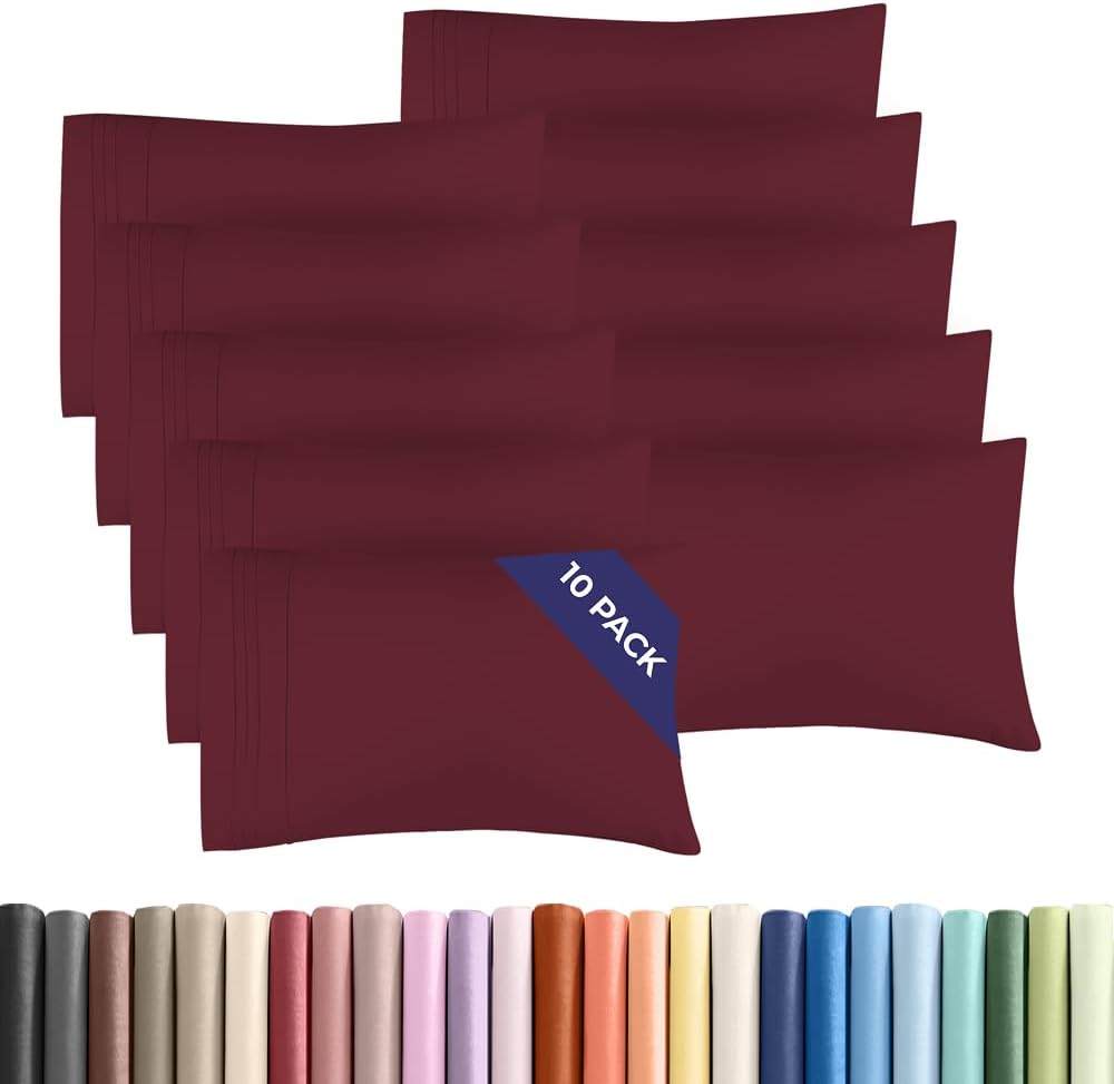 Standard Pillow Cases Set of 10 - Ultra Soft Hotel Quality Pillowcase Covers - Comfy, Cozy & Wrinkle Free - Shrink, Stain & Fade Resistant - Machine Washable Pillow Protectors - 10 Pcs Set - Burgundy