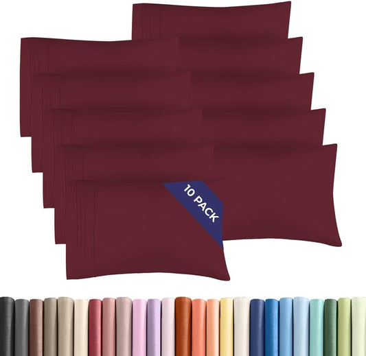 Standard Pillow Cases Set of 10 - Ultra Soft Hotel Quality Pillowcase Covers - Comfy, Cozy & Wrinkle Free - Shrink, Stain & Fade Resistant - Machine Washable Pillow Protectors - 10 Pcs Set - Burgundy