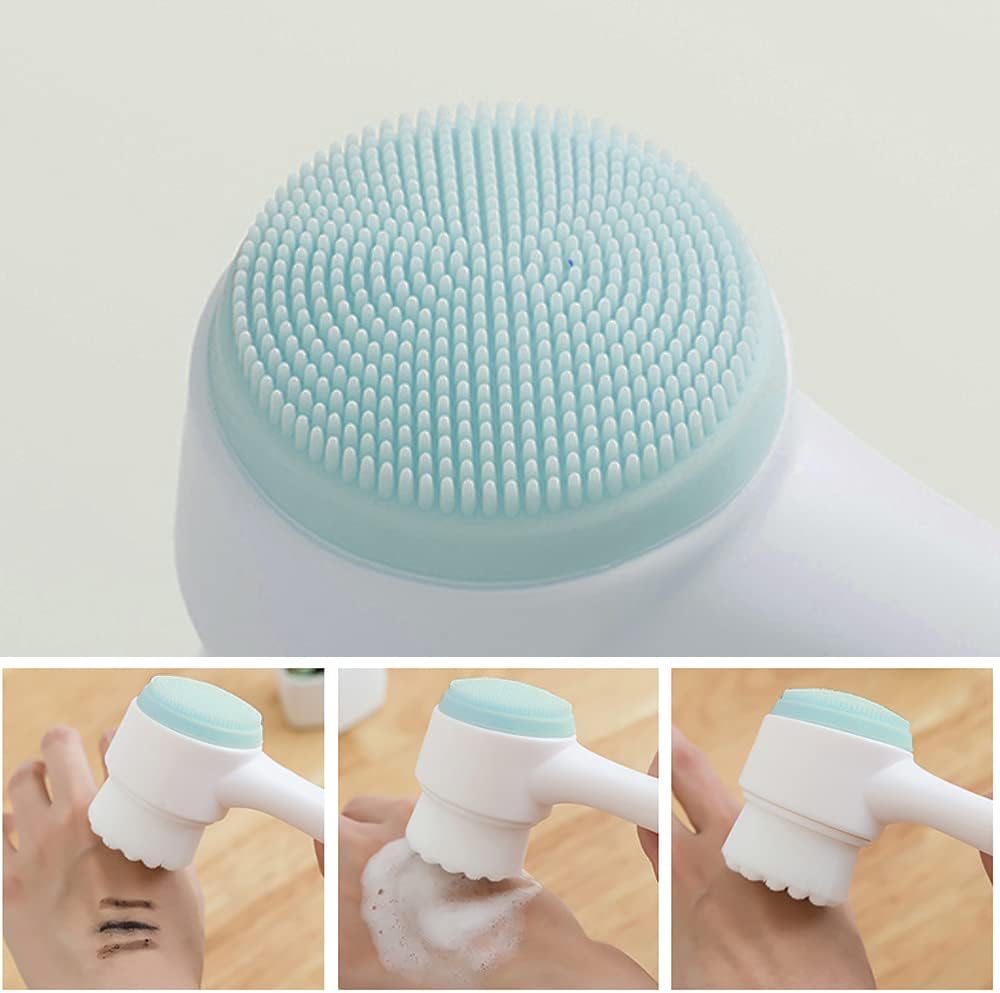 Double Sides Face Brush, 3D Stand Vertical Silicone Facial Wash Brush, 2 in 1 Facial Cleansing Brush Manual Dual-action Face Brush for Acne, Clogged Enlarged Pores Sensitive Delicate, Dry Skins (Blue)