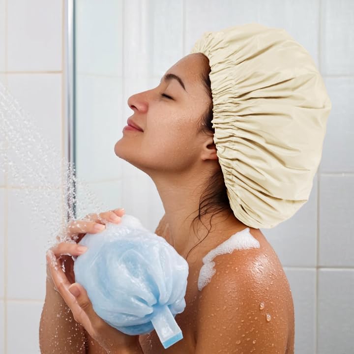 Reusable Shower Cap for Women, Large Waterproof Shower Essentials Bonnet Washable Elastic Band Bath Hair Wrap Hat for Long Hair, Braids(Champagne)