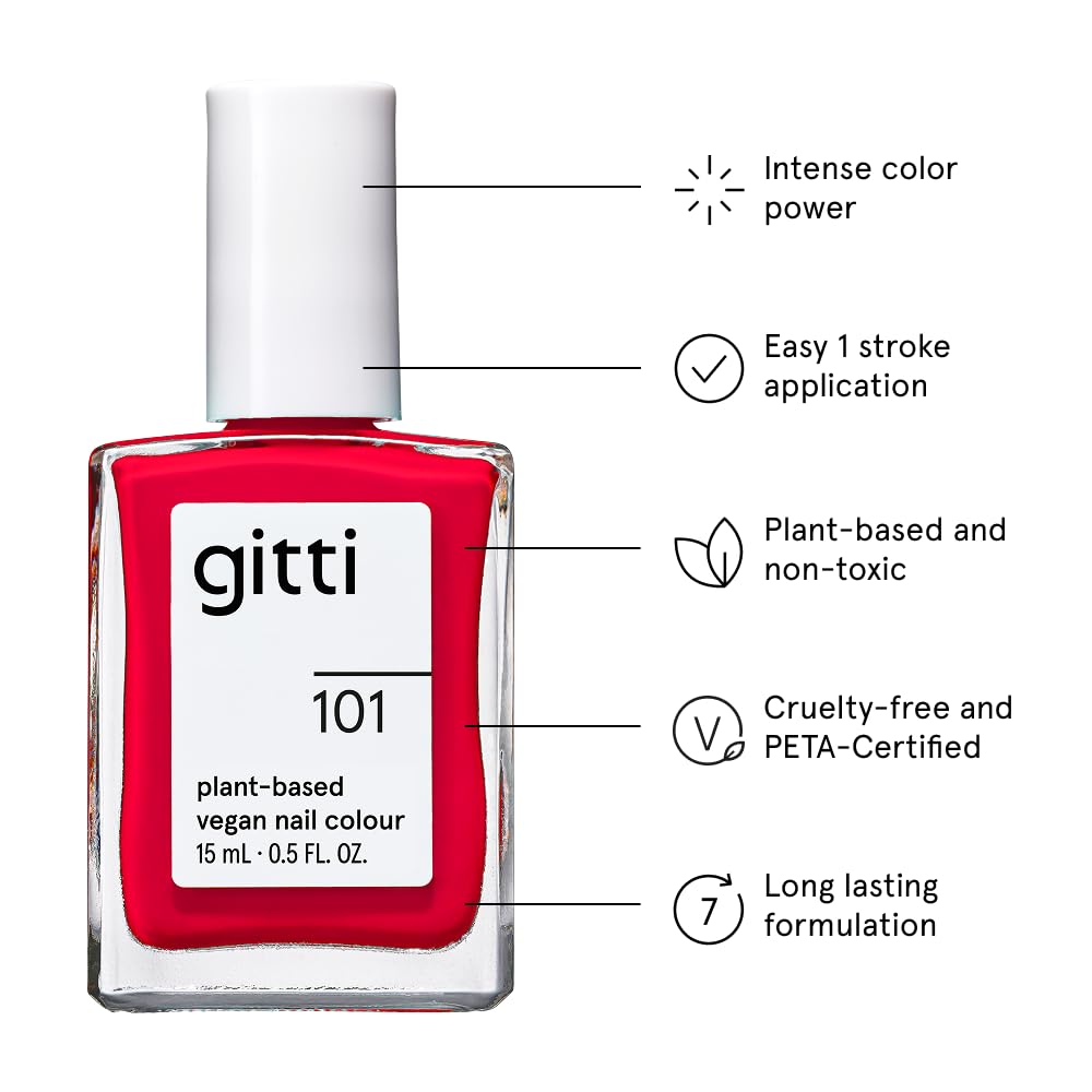 gitti Plant-based Nail Polish I Non-Toxic, 30-Free, Based On Natural Origin Ingredients, Cruelty.Free, Vegan, High Performance Colors, Glossy Finish, Shade no. 101 Fiery Red I (0.5 fl oz)