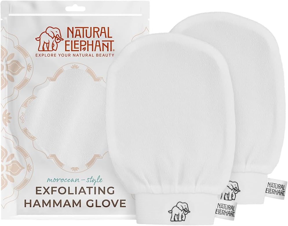 Natural Elephant Exfoliating Hammam Glove | Authentic Moroccan Kessa Body Scrub Mitt for Spa-Quality Skin Renewal | Pearl White 2 Pack