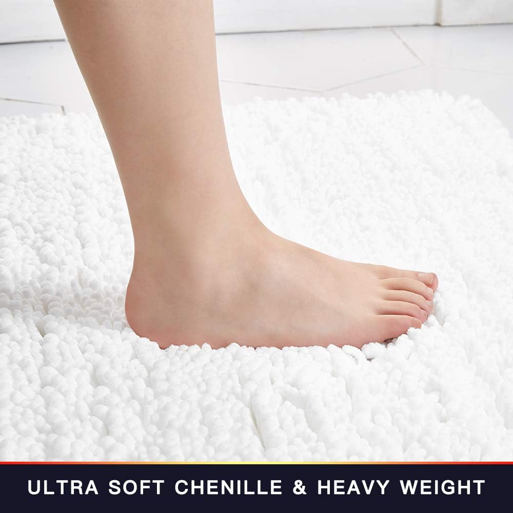 Walensee Bathroom Rug Non Slip Bath Mat (24x17 Inch White) Water Absorbent Super Soft Shaggy Chenille Machine Washable Dry Extra Thick Perfect Absorbant Best Small Plush Carpet for Shower Floor