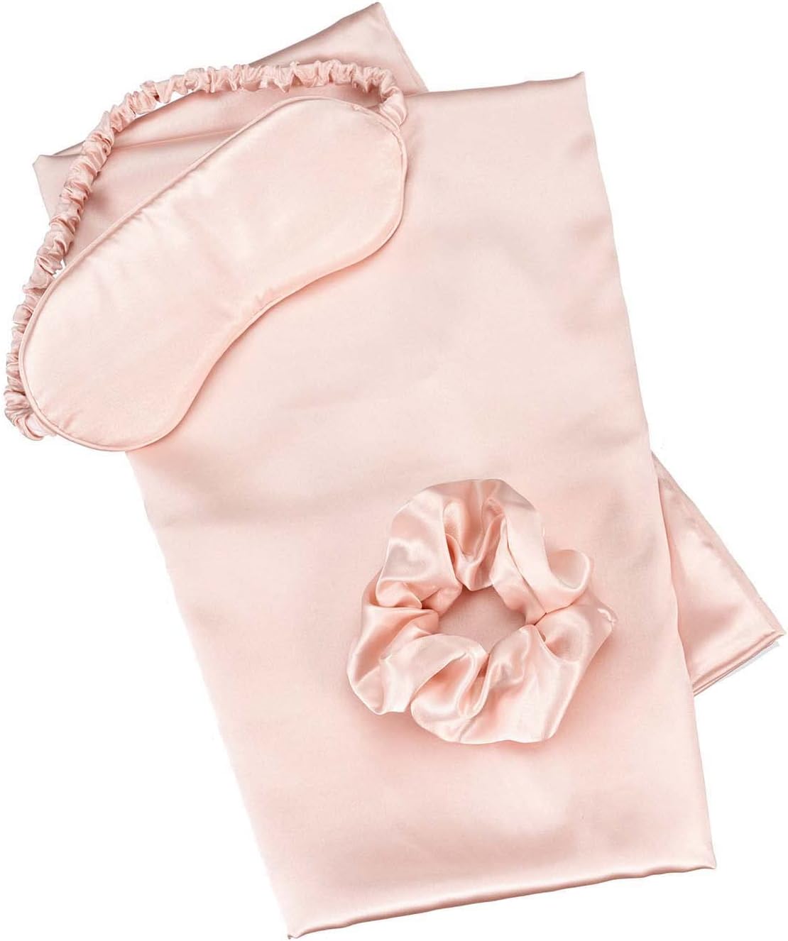 Vegan Silk Sleep Set, Vegan Silk Pillowcase with Large Scrunchie and Eye Mask for Hair and Skin, Self Care Essential Satin Night Routine Kit (Blush Color)