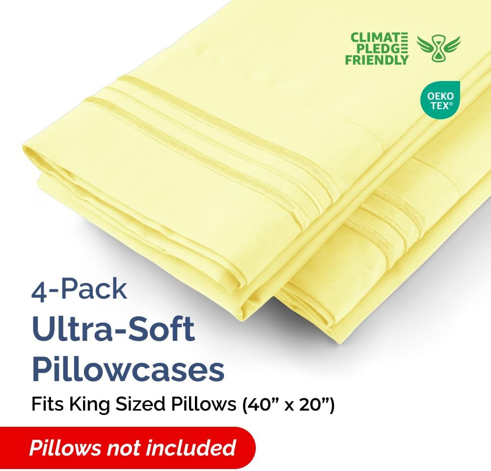 King Pillow Cases Set of 4 - Ultra Soft Hotel Quality Pillowcase Covers - Comfy, Cozy & Wrinkle Free - Shrinkage, Stain and Fade Resistant - Machine Washable Pillow Protectors - 4 Piece Set - Yellow