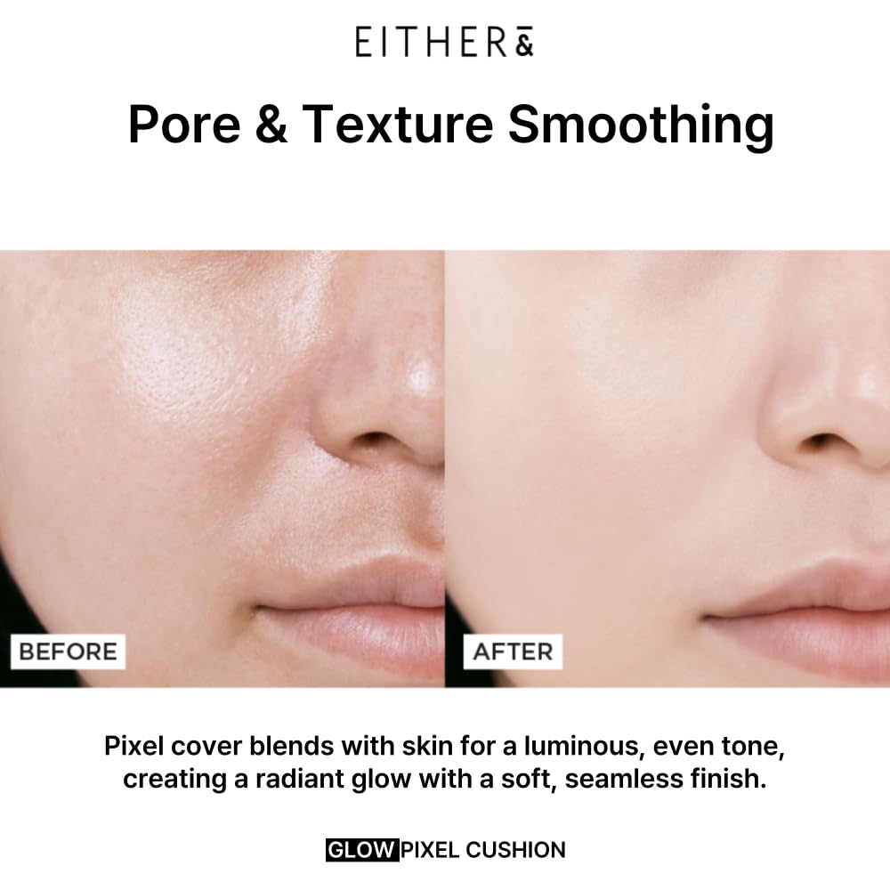 EITHER& Glow Pixel Cushion Foundation, Glowy Skincare, Korean Makeup, Natural Coverage, Moisturizing, Lightweight, Long Lasting Coverage for Flawless Skin (24P Suede)