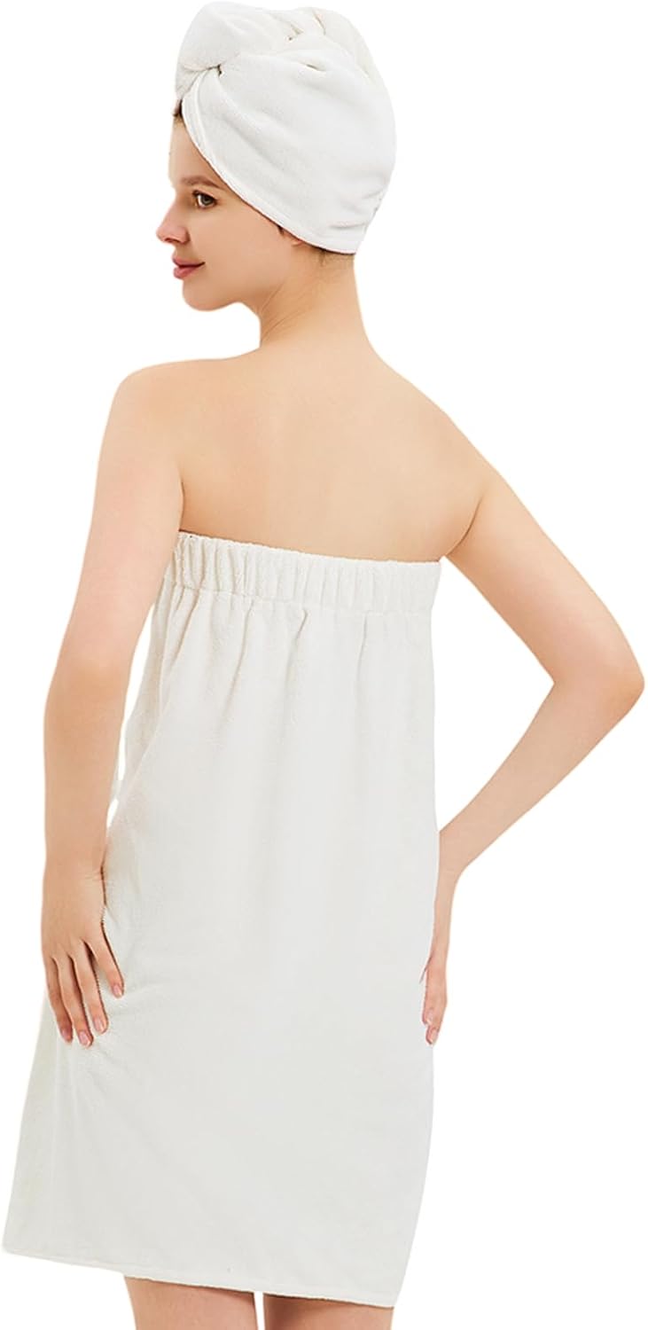 Womens Bath Body Wrap & Hair Towel Shower Spa Wrap Robe Adjustable Closure Bathrobe