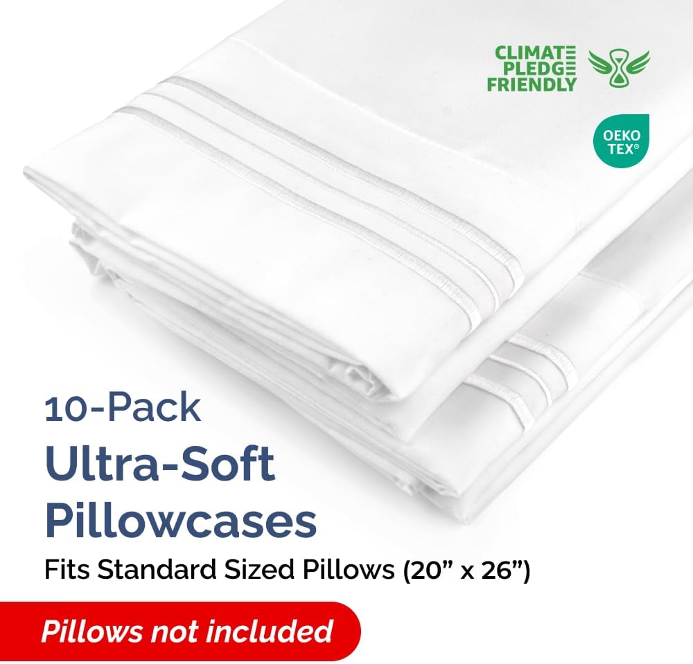 Standard Pillow Cases Set of 10 - Ultra Soft Hotel Quality Pillowcase Covers - Comfy, Cozy & Wrinkle Free - Shrink, Stain and Fade Resistant - Machine Washable Pillow Protectors - 10 Pcs Set - White