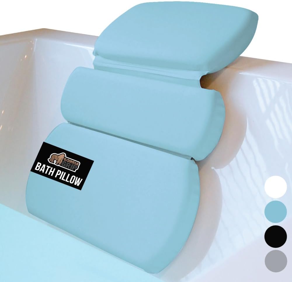GORILLA GRIP Bath Pillow for Tub, Improved Suction Cups, Luxury Bathtub Pillows, Headrest for Neck and Back Support, Relaxing Home Spa, Hot Tubs and Bathroom Essentials, Gifts for Women, 3 Panel Blue