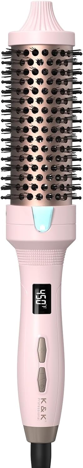 K&K 1 1/2 Inch Ceramic Tourmaline Ionic Heated Round Brush Curling Brush Creates Blowout Look -Creates Root Volume & Loose Curls Volume Curls Dual Voltage Hair Styling Tool (Pink, 1.5 Inch)