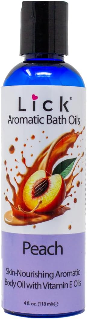 LICK Peach Aromatic Bath Oil; Natural Ingredients Blend of Sweet Almond Oil, Vitamin E, Jojoba Oil for Skin; Relaxing Aromatherapy Gifts for Women; Paraben Free, Made in USA