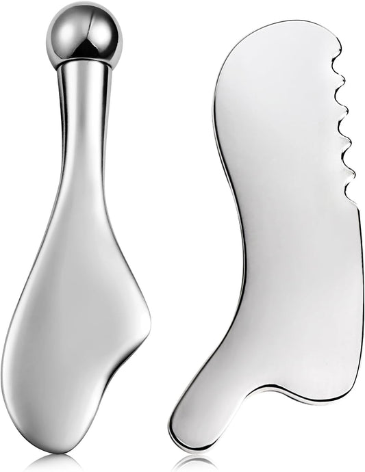 Gua Sha Facial Tools and Face Roller Set, Lymphatic Drainage Massager，Stainless Steel Facial Sculpting Eyes Roller Guasha for Face, Chin & Jawline Sculpting,Skin Care (White)