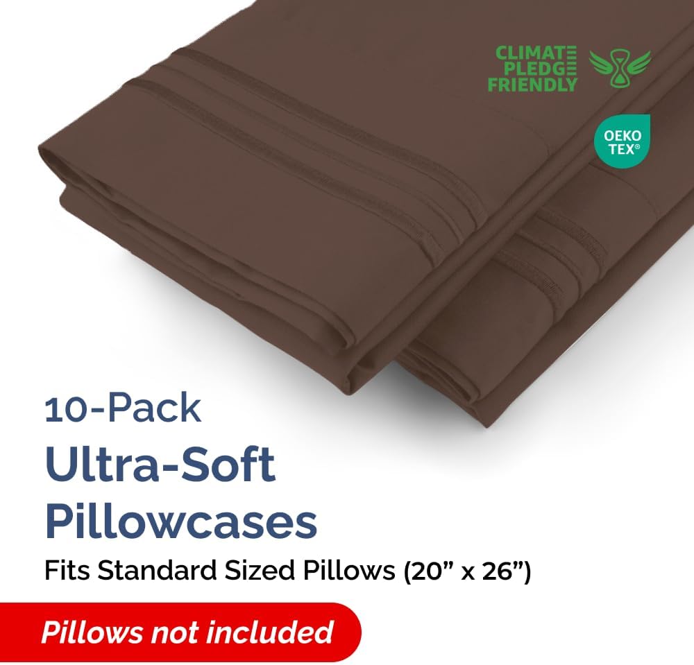 Standard Pillow Cases Set of 10 - Ultra Soft Hotel Quality Pillowcase Covers - Comfy, Cozy & Wrinkle Free - Shrink, Stain and Fade Resistant - Machine Washable Pillow Protectors - 10 Pcs Set - Brown