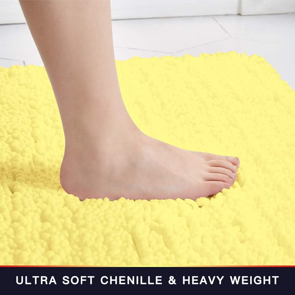 Walensee Bathroom Rug Non Slip Bath Mat (24x17 Inch Yellow) Water Absorbent Super Soft Shaggy Chenille Machine Washable Dry Extra Thick Perfect Absorbant Best Small Plush Carpet for Shower Floor