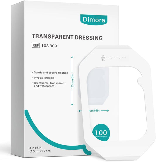 Dimora Waterproof Transparent Film Dressing, Clear Bandage Tape for Wound Care, Adhesive Post Surgical Cover Pad，for IV Shield, Tattoo Aftercare, Shower Protector 4x4 3/4 inch 100 Packs