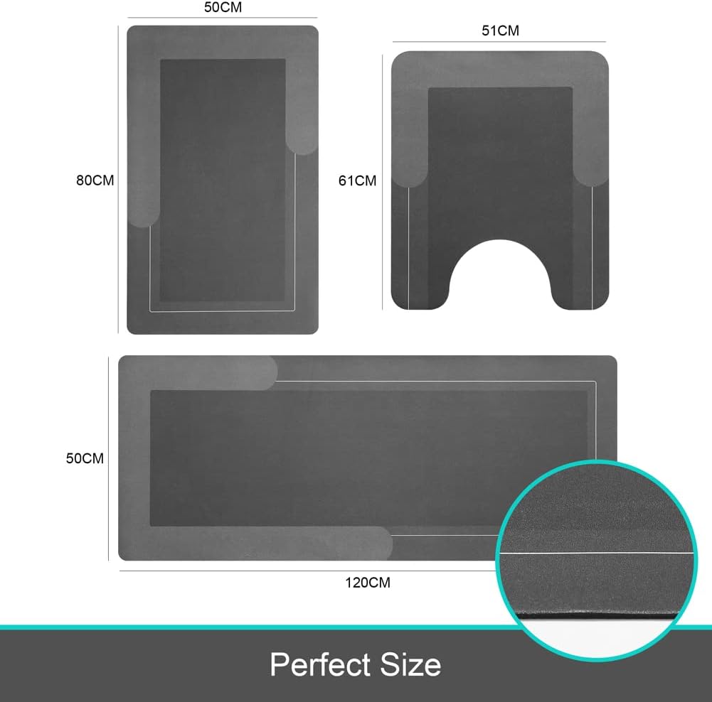 HelloTree 3PCS Bath Mat Rug Rubber Non Slip Quick Dry Rug Sets Super Absorbent Thin Bathroom Rugs Fit Under Door Dark Grey Washable Bathroom Floor Mats for in Front of Bathtub, Shower Room, Sink