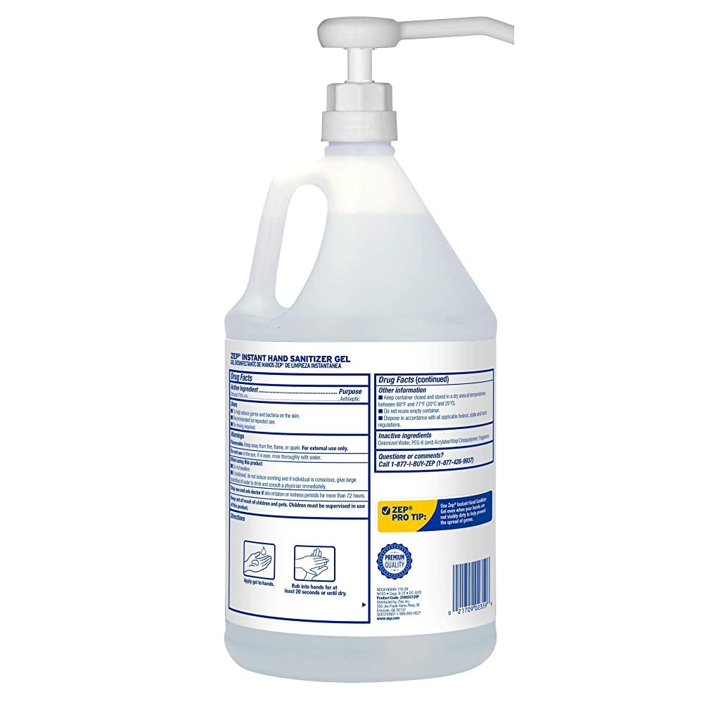 Zep Instant Hand Sanitizer Gel 70% Alcohol - 1 Gallon (Case of 4) ECZUIHSG128 - Pump Included - Exceeds CDC Guidelines - Kills 99.99% of germs