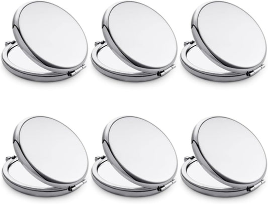 Compact Mirror, Pocket Travel Makeup Mirror for Purse, Metal Round Shell, 2-Sided 1X/2X Magnifying, Portable, Folding, Handheld, Silver, 6 Pack