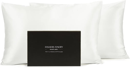 Fishers Finery 30mm 100% Pure Mulberry Silk Pillowcase Set, Quality Tested (White, Standard, 2 Pack)