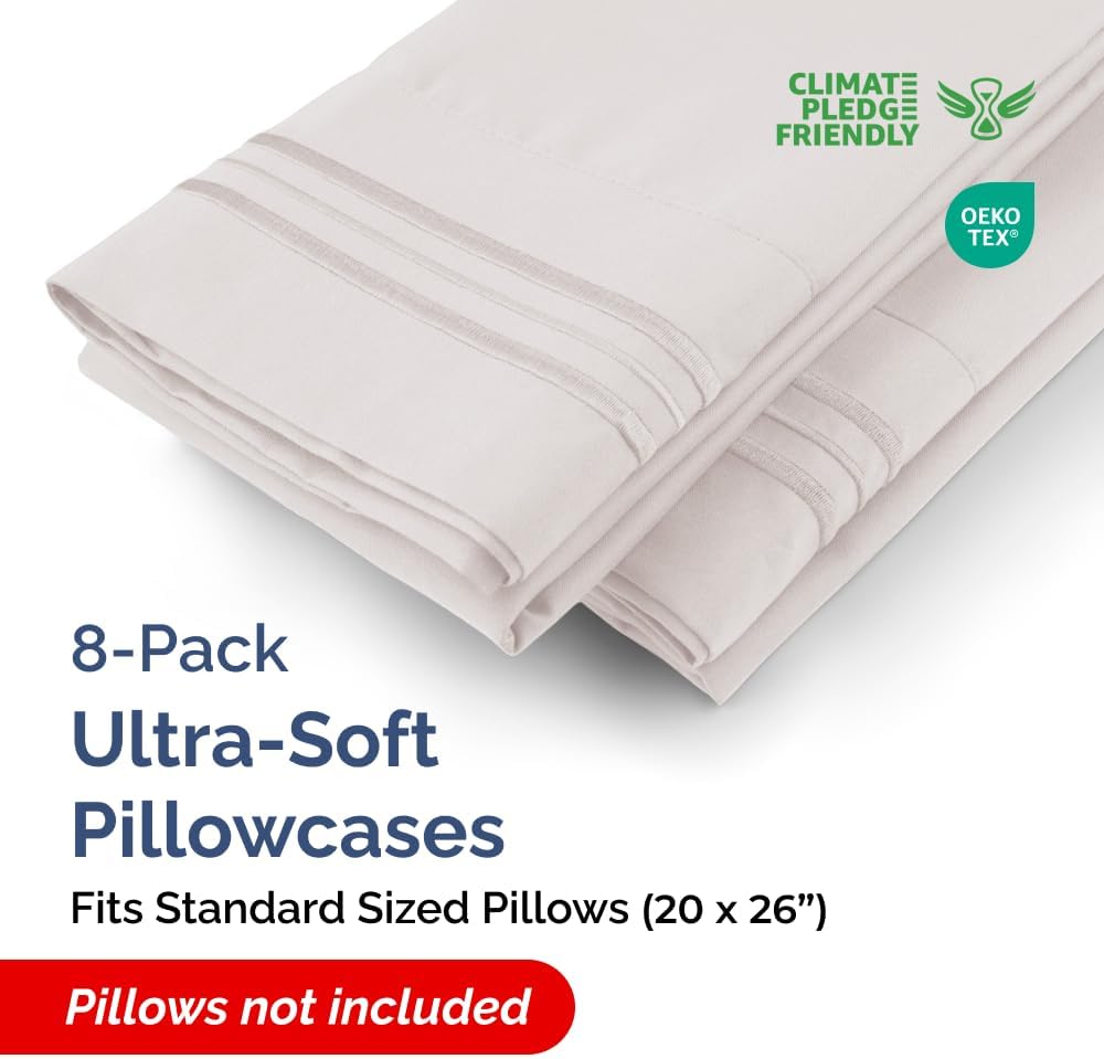 Standard Pillow Cases Set of 8 - Ultra Soft Hotel Quality Pillowcase Covers - Comfy & Wrinkle Free - Shrink, Stain and Fade Resistant - Machine Washable Pillow Protectors - 8 Piece Set - Light Grey