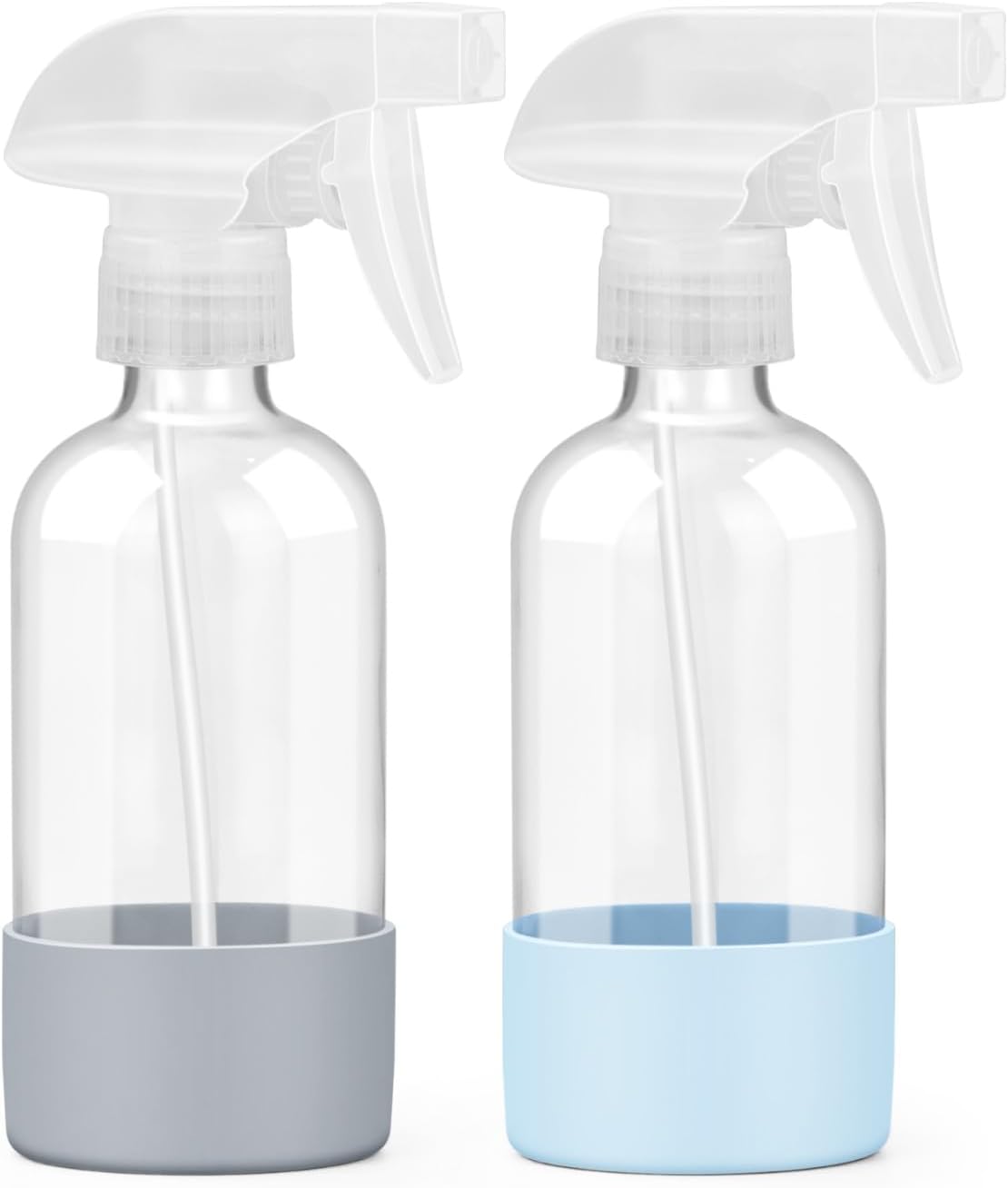 2 Pack Glass Spray Bottles 8 oz, Empty Refillable Containers with Silicone Sleeve Protection, Glass Spray Bottles for Cleaning Solutions, Hair and Plants with Adjustable Nozzles Blue&Grey