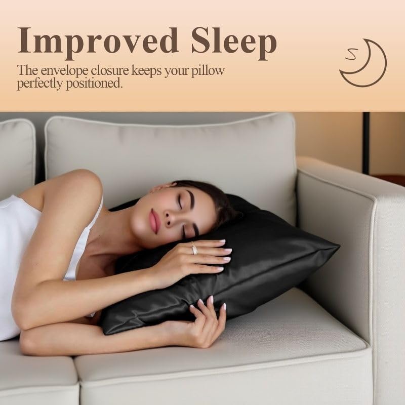 Juwenin Bedding,Super Soft and Luxury Silky Satin Pillowcase (Silky Satin Pillow Case for Hair) Set of 2 (Black, King (20'x40'))