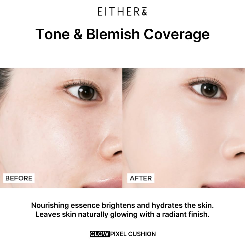 EITHER& Glow Pixel Cushion Foundation, Glowy Skincare, Korean Makeup, Natural Coverage, Moisturizing, Lightweight, Long Lasting Coverage for Flawless Skin (30N Walnut)