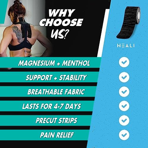 Heali Kinesiology Tape 3 Pack, Magnesium & Menthol Infused, Elastic Sports Tape, Shoulder, Knee, Elbow, Ankle, Waterproof, Latex Free, Muscle Recovery, K Tape, Black Zebra