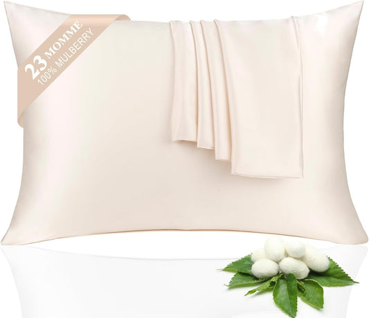100% Silk Pillowcase 2 Pack for Hair and Skin, Both Sides 23 Momme Grade 6A+ Mulberry Silk Pillowcases with Hidden Zipper, Soft&Smooth Cooling Pillow Cases (Beige, Queen 20×30)