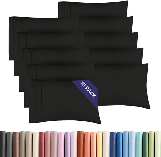 Standard Pillow Cases Set of 10 - Ultra Soft Hotel Quality Pillowcase Covers - Comfy, Cozy & Wrinkle Free - Shrink, Stain and Fade Resistant - Machine Washable Pillow Protectors - 10 Piece Set - Black