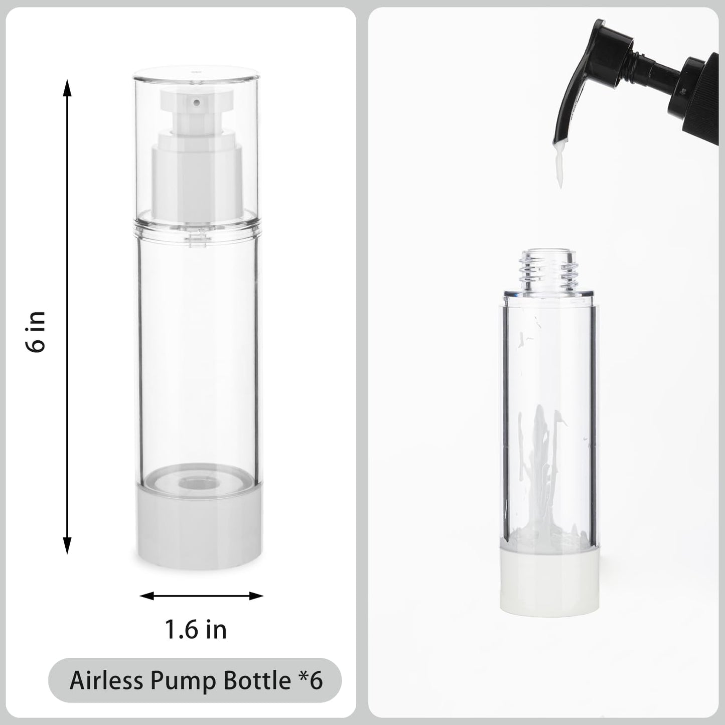 2.7OZ/80ML Clear Airless Pump Bottles, Lotion Dispenser Travel with Pump, Vacuum Plastic Travel Size Lotion Bottle for Foundation, Creams, Cosmetic(6 Pack)
