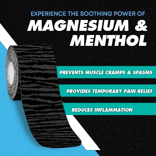 Heali Kinesiology Tape 3 Pack, Magnesium & Menthol Infused, Elastic Sports Tape, Shoulder, Knee, Elbow, Ankle, Waterproof, Latex Free, Muscle Recovery, K Tape, Black Zebra