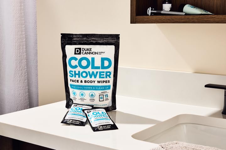 Duke Cannon Cold Shower Cooling Field Towels – Menthol Body Wipes for Men, No Rinse Face & Body Cleansing Wipes, 15 Individually Wrapped Towels (2 Pack)
