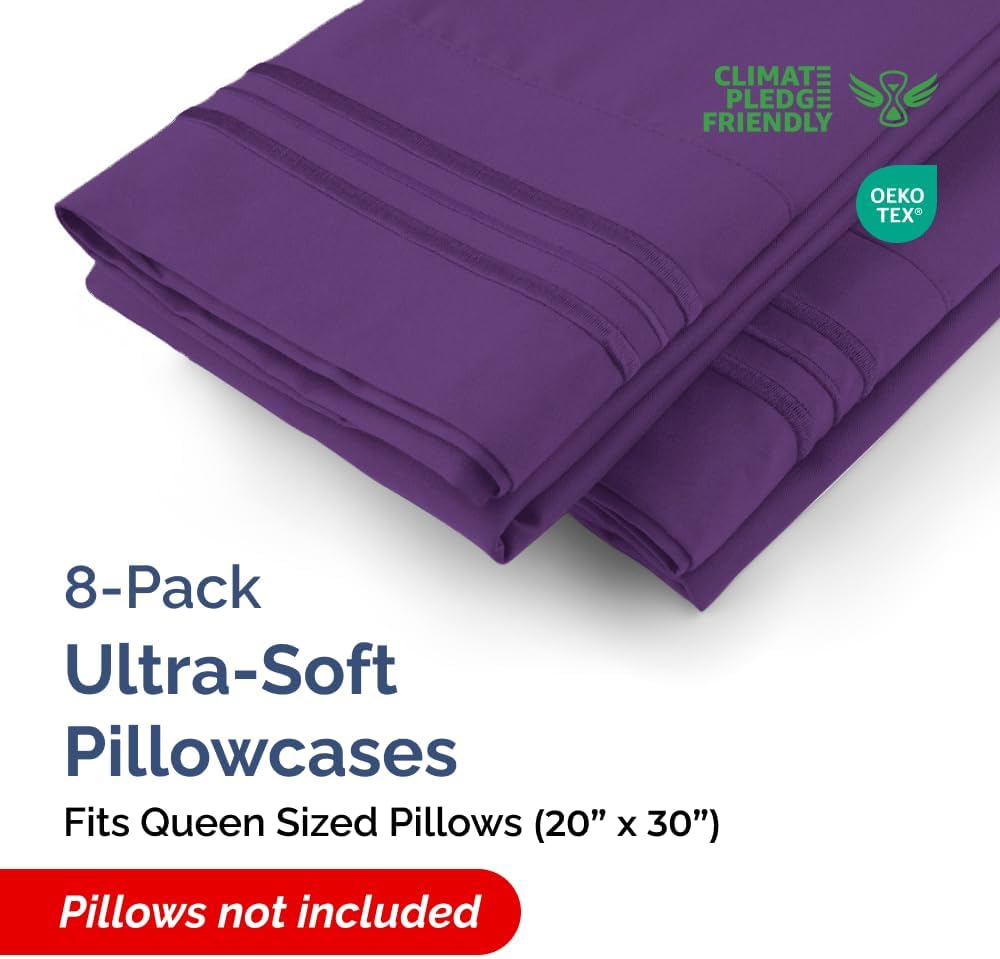 Queen Pillow Cases Set of 8 - Ultra Soft Hotel Quality Pillowcase Covers - Comfy & Wrinkle Free - Shrink, Stain & Fade Resistant - Easy-Care, Machine Washable Pillow Protectors - 8 Piece Set - Purple
