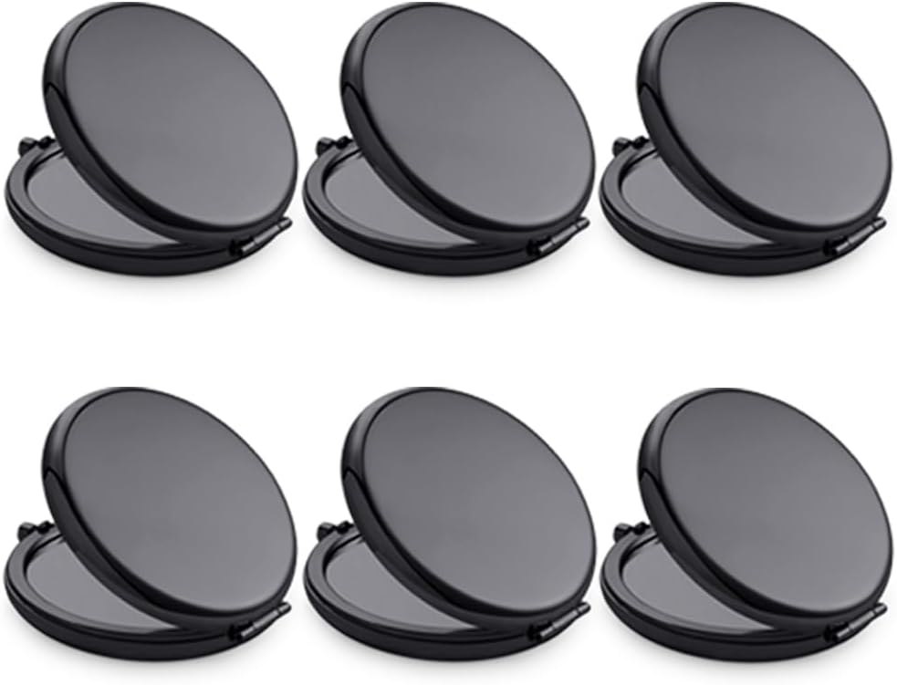 Compact Mirror, Pocket Travel Makeup Mirror for Purse, Metal Round Shell, 2-Sided 1X/2X Magnifying, Portable, Folding, Handheld, Black, 6 Pack