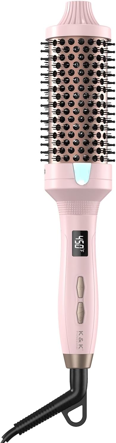 K&K 1 1/2 Inch Ceramic Tourmaline Ionic Heated Round Brush Curling Brush Creates Blowout Look -Creates Root Volume & Loose Curls Volume Curls Dual Voltage Hair Styling Tool (Pink, 1.7 Inch)