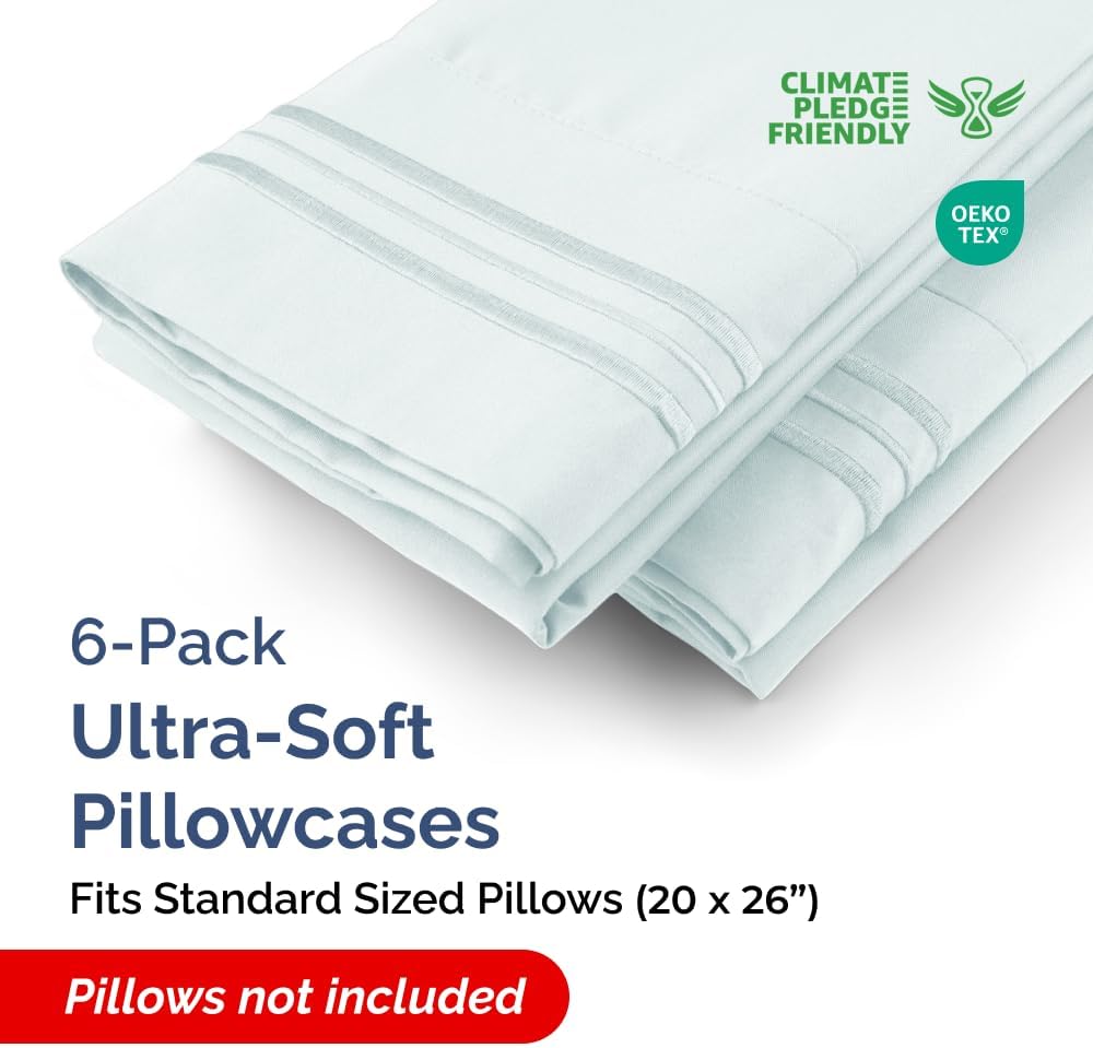 Standard Pillow Cases Set of 6 - Ultra Soft Hotel Quality Pillowcase Covers - Comfy, Cozy & Wrinkle Free - Shrink, Stain & Fade Resistant - Machine Washable Pillow Protectors - 6 Piece Set - Ice Blue