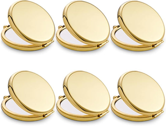 Compact Mirror, Pocket Travel Makeup Mirror for Purse, Metal Round Shell, 2-Sided 1X/2X Magnifying, Portable, Folding, Handheld, Gold, 6 Pack