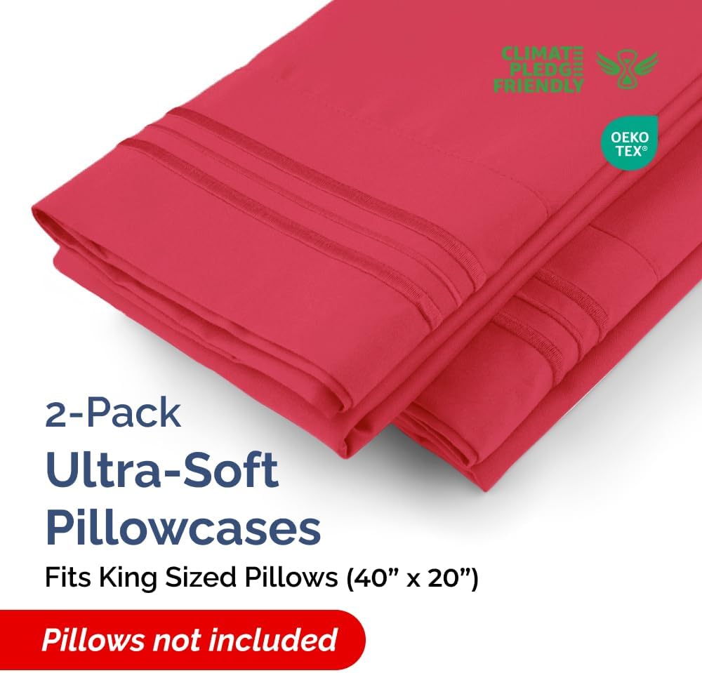 King Pillow Cases Set of 2 - Ultra Soft Hotel Quality Pillowcase Covers - Comfy, Cooling & Wrinkle Free - Shrinkage, Stain and Fade Resistant - Machine Washable Pillow Protectors - 2 Piece Set - Red