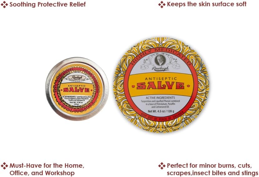 Rawleigh Antiseptic Yellow Salve Small Tin: 0.96 oz, Natural, Multi-Purpose Ointment Soothes Skin Cuts, Bruises, Irritations, with Turpentine, Phenol, Cottonseed Oil, Original Formula - Pack of 12