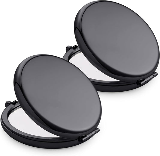 Compact Mirror, Pocket Travel Makeup Mirror for Purse, Metal Round Shell, 2-Sided 1X/2X Magnifying, Portable, Folding, Handheld, Black, 2 Pack