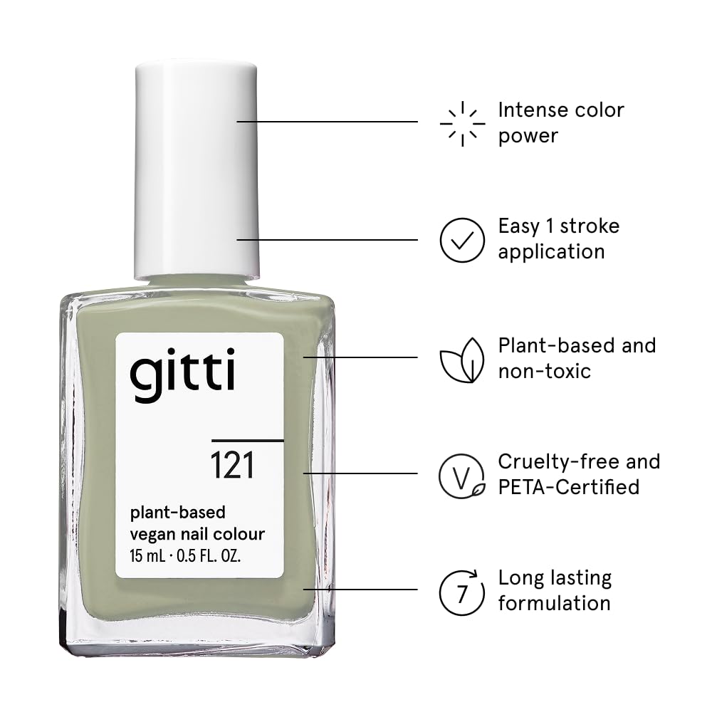 gitti Plant-based Nail Polish I Non-Toxic, 30-Free, Based On Natural Origin Ingredients, Cruelty-Free, Vegan, High Performance Colors, Glossy Finish, Shade no. 121 Sage Green (0.5 fl oz)