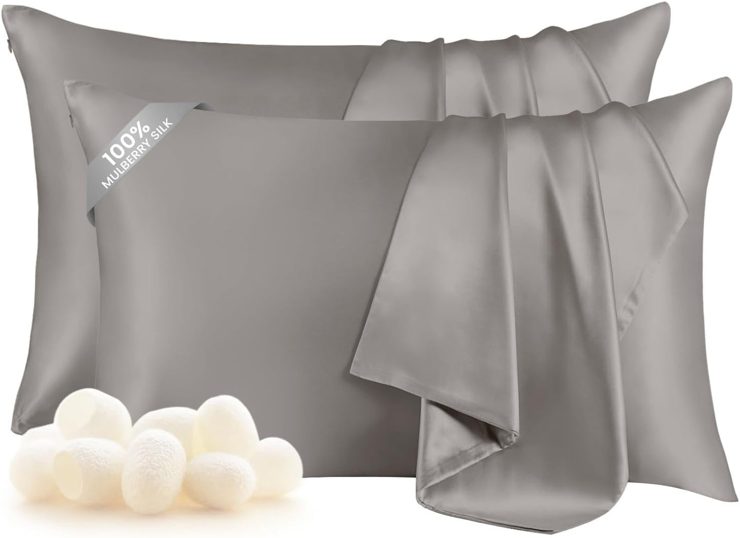 THXSILK Set of 2 100% Natural Mulberry Silk Pillowcase for Hair and Skin, 19 Momme Pillowcases with Hidden Zipper, Soft Breathable Smooth Both Sided Silk Pillow Cover(Standard 20“x26, Grey)