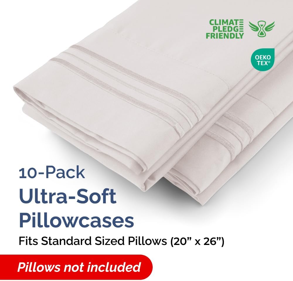 Standard Pillow Cases Set of 10 - Ultra Soft Hotel Quality Pillowcase Covers - Comfy & Wrinkle Free - Shrink, Stain and Fade Resistant - Machine Washable Pillow Protectors - 10 Piece Set - Light Grey